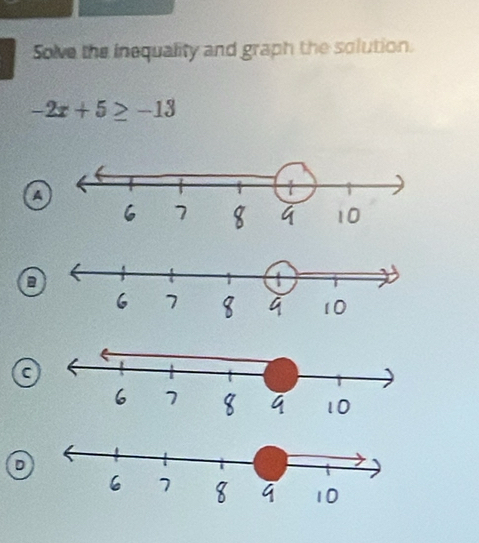 Sove the inequality and graph the solution.
-2x+5≥ -13