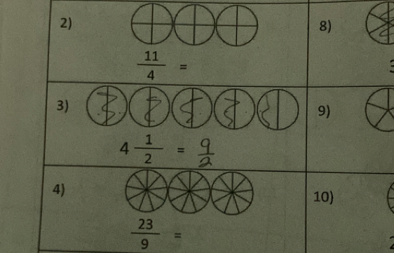  11/4 =
3) 
9)
4 1/2 =
4) 10)
 23/9 =