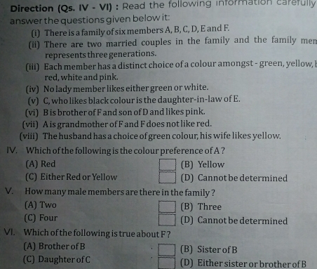 Direction (Qs. IV - VI) : Read the following information carefully
answer the questions given below it:
(i) There is a family of six members A, B, C, D, E and F.
(ii) There are two married couples in the family and the family men
represents three generations.
(iii) Each member has a distinct choice of a colour amongst - green, yellow,
red, white and pink.
(iv) No lady member likes either green or white.
(v) C, who likes black colour is the daughter-in-law of E.
(vi) B is brother of F and son of D and likes pink.
(vii) A is grandmother of F and F does not like red.
(viii) The husband has a choice of green colour, his wife likes yellow.
IV. Which of the following is the colour preference of A ?
(A) Red (B) Yellow
(C) Either Red or Yellow (D) Cannot be determined
V. How many male members are there in the family ?
(A) Two (B) Three
□ 
(C) Four (D) Cannot be determined
VI. Which of the following is true about F ?
(A) Brother of B (B) Sister of B
(C) Daughter of C (D) Either sister or brother of B