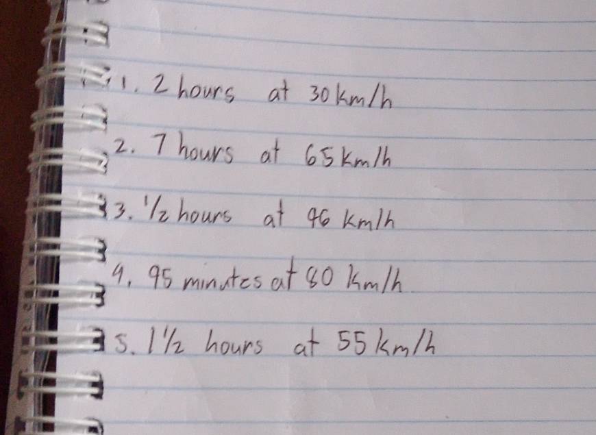 2 hours at 30km/h
2. 7 hours at 65km/h
3. / z hours at 46 km/h
9, 95 minutes at so km/h
5. 1/ hours at 55km/h