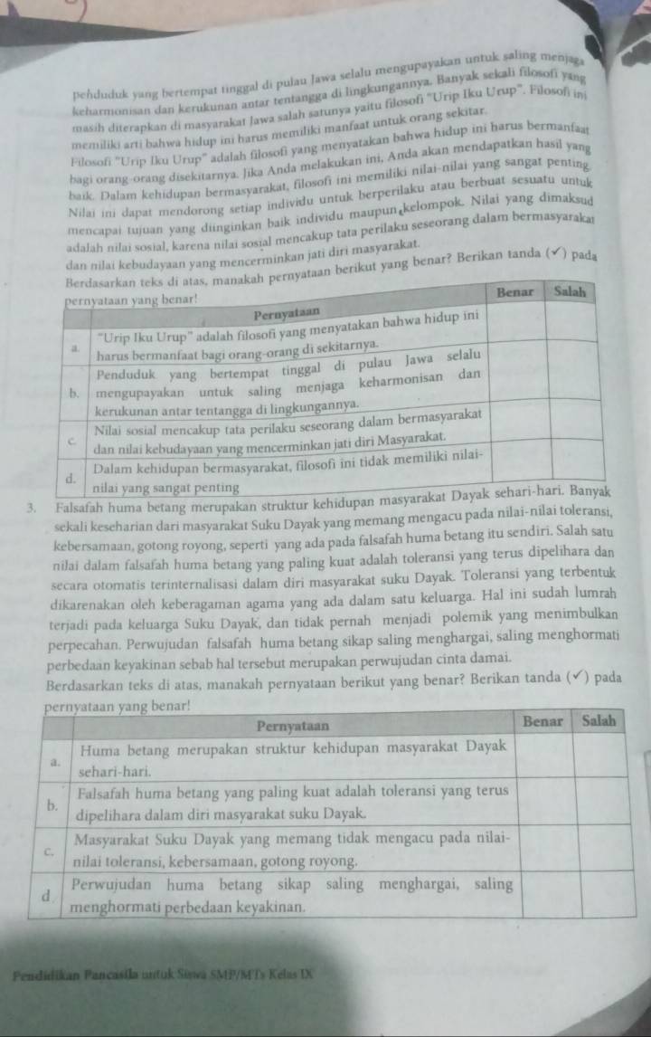 penduduk yang bertempat tinggal di pulau Jawa selalu mengupayakan untuk saling menjag
keharmonisan dan kerukunan antar tentangga di lingkungannya. Banyak sekali filosofi yang
masih diterapkan di masyarakat Jawa salah satunya yaitu filosofi ''Urip Iku Urup''. Filosofi in
memiliki arti bahwa hidup ini harus memiliki manfaat untuk orang sekitar.
Filosofi ''Urip Iku Urup'' adalah filosofi yang menyatakan bahwa hidup ini harus bermanfaa
bagi orang-orang disekitarnya. Jika Anda melakukan ini, Anda akan mendapatkan hasil yan
baik. Dalam kehidupan bermasyarakat, filosofi ini memiliki nilai-nilai yang sangat penting
Nilai ini davat mendorong setiap individu untuk berperilaku atau berbuat sesuatu untuk
mencapai tujuan yang diinginkan baik individu maupun kelompok. Nilai yang dimaksu
adalah nilai sosial, karena nilai sosial mencakup tata perilaku seseorang dalam bermasyaraka
dan nilai kebudayaan yang mencerminkan jati diri masyarakat.
an berikut yang benar? Berikan tanda (√) pada
3. Falsafah huma betang merupakan struktur ke
sekali keseharian dari masyarakat Suku Dayak yang memang mengacu pada nilai-nilai toleransi,
kebersamaan, gotong royong, seperti yang ada pada falsafah huma betang itu sendiri. Salah satu
nilai dalam falsafah huma betang yang paling kuat adalah toleransi yang terus dipelihara dan
secara otomatis terinternalisasi dalam diri masyarakat suku Dayak. Toleransi yang terbentuk
dikarenakan oleh keberagaman agama yang ada dalam satu keluarga. Hal ini sudah lumrah
terjadi pada keluarga Suku Dayak, dan tidak pernah menjadi polemik yang menimbulkan
perpecahan. Perwujudan falsafah huma betang sikap saling menghargai, saling menghormati
perbedaan keyakinan sebab hal tersebut merupakan perwujudan cinta damai.
Berdasarkan teks di atas, manakah pernyataan berikut yang benar? Berikan tanda (✔) pada
Pendidikan Pancasila untuk Siswa SMP/MTs Kelas IX