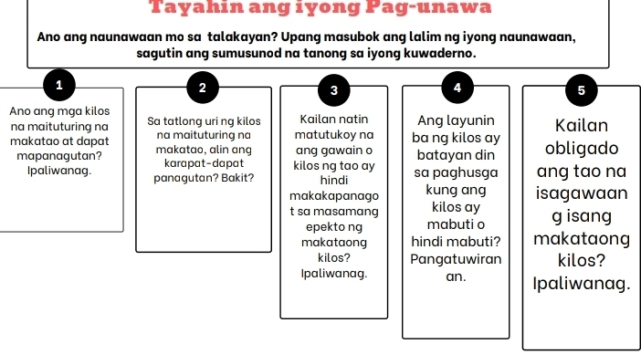 Tayahin ang iyong Pag-unawa 
Ano ang naunawaan mo sa talakayan? Upang masubok ang lalim ng iyong naunawaan, 
sagutin ang sumusunod na tanong sa iyong kuwaderno. 
1
2
3 
4 
5 
Ano ang mga kilos Kailan natin Ang layunin Kailan 
na maituturing na Sa tatlong uri ng kilos 
na maituturing na matutukoy na 
makatao at dapat makatao, alin ang ang gawain o ba ng kilos ay obligado 
batayan din 
mapanagutan? karapat-dapat kilos ng tao ay sa paghusga ang tao na 
Ipaliwanag. panagutan? Bakit? hindi kung ang isagawaan 
makakapanago 
t sa masamang kilos ay g isang 
epekto ng mabuti o 
makataong hindi mabuti? makataong 
kilos? Pangatuwiran kilos? 
Ipaliwanag. an. Ipaliwanag.