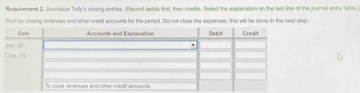 Requirement 2, Journaiure Tely's closing entries. (Record debits first, then credits. Select the explanation on the last line of the journal entry table ) 
Start by closing revenues and other credit accounts for the period. Do not close the expenses; this will be done in the next step