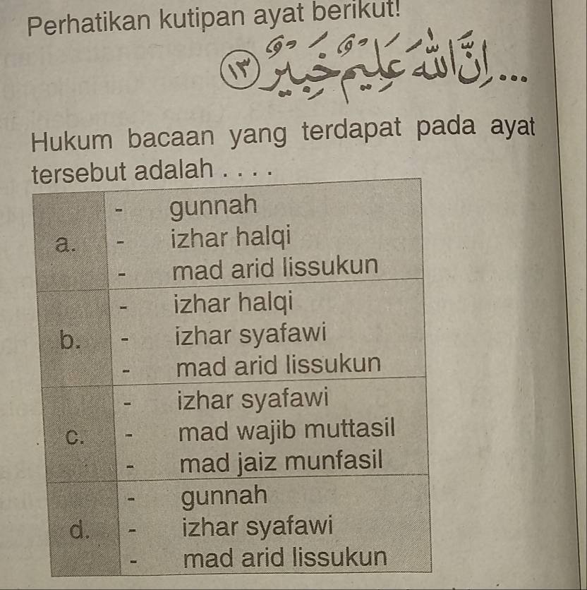 Perhatikan kutipan ayat berikut! 
it 
Hukum bacaan yang terdapat pada ayat