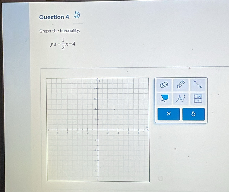 Graph the inequality.
y≥ - 1/2 x-4
×