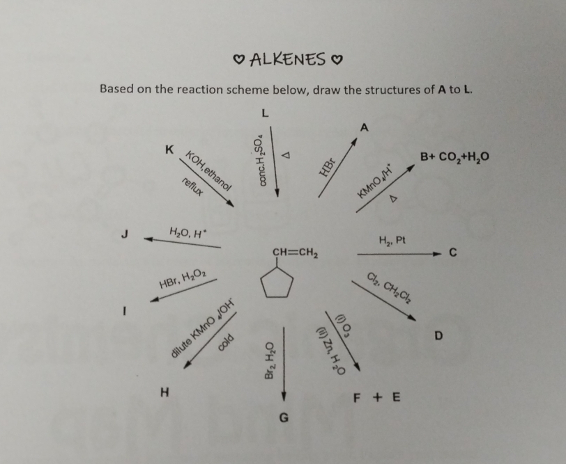 ALKENES O 
Based on the reaction scheme below, draw the structures of A to L.
L
A

B+CO_2+H_2O
K KOH,ethand 
reflux
KMnO₄/H
D 
J H_2O, H^+
H_2, Pt
CH=CH_2
C
HBr,H_2O_2
Cl_2, CH_2Cl_2
1 KMnO_4/OH
dilute cold 
lo 
D^3
H
F+E
G