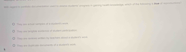 With regard to portfolio documentation used to assess students' progress in gaining health knowledge, which of the following is true of reproductions?
They are actual samples of a student's work.
They are tangible evidence of student participation.
They are reviews written by teachers about a student's work.
They are duplicate documents of a student's work.