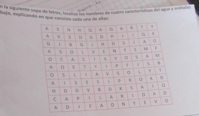 En la siguiente sopa de letras, localiza los nombres de cuatro características del agua y anótalas 
bajo, explicandø en que consiste cada una de ellas: