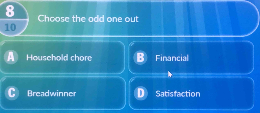 Choose the odd one out
10
Household chore Financial
Breadwinner Satisfaction