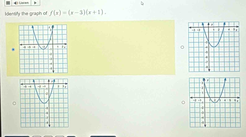 ) Listen 
Identify the graph of f(x)=(x-3)(x+1).