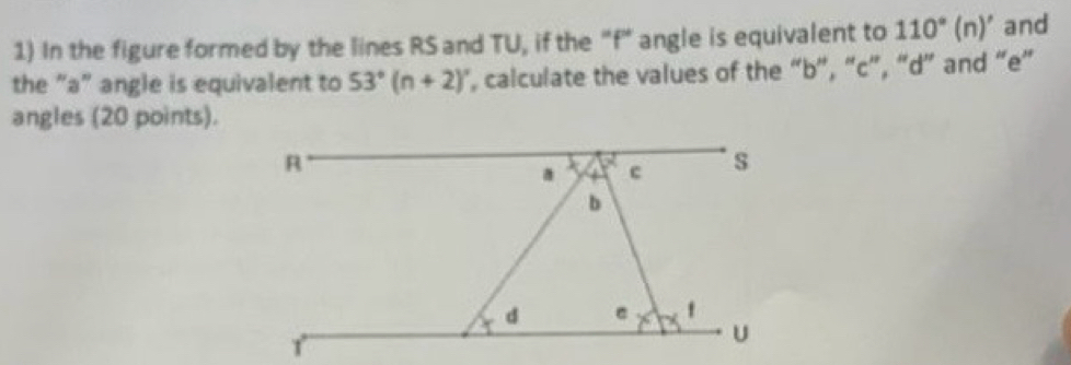 In the figure formed by the lines RS and TU, if the "f" angle is equivalent to 110°(n)' and 
the “ a" angle is equivalent to 53°(n+2)^circ  ', calculate the values of the “ b ”, “ c ”, “ d ” and “ e ” 
angles (20 points).