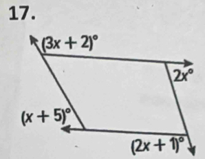 (3x+2)^circ 
2x°
(x+5)^circ 
(2x+1)^circ 