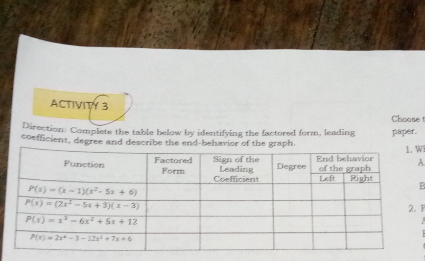 ACTIVITY 3
Choose t
Direction: Complets the table below by identifying the factored form, leading paper.
coefficient, degree and describe the 
W
A.
B
F