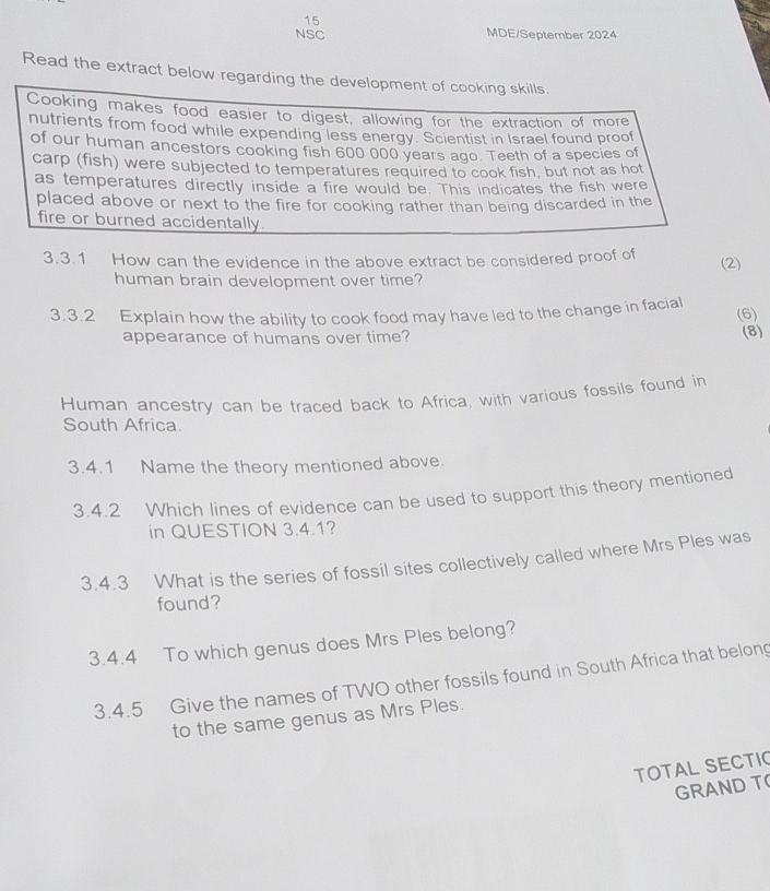 NSC MDE/September 2024 
Read the extract below rega 
3.3.1 How can the evidence in the above extract be considered proof of 
(2) 
human brain development over time? 
3.3.2 Explain how the ability to cook food may have led to the change in facial (6) 
appearance of humans over time? (8) 
Human ancestry can be traced back to Africa, with various fossils found in 
South Africa. 
3.4.1 Name the theory mentioned above. 
3.4.2 Which lines of evidence can be used to support this theory mentioned 
in QUESTION 3.4.1? 
3.4.3 What is the series of fossil sites collectively called where Mrs Ples was 
found? 
3.4.4 To which genus does Mrs Ples belong? 
3.4.5 Give the names of TWO other fossils found in South Africa that belong 
to the same genus as Mrs Ples. 
TOTAL SECTIC 
GRAND T