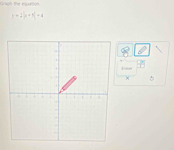 Graph the equation.
y=2|x+5|+4
Eraser 
×