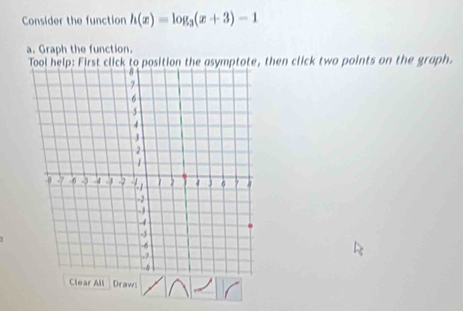 Consider the function h(x)=log _3(x+3)-1
a. Graph the function. 
Tool help: First click to position the asymptote, then click two points on the graph. 
Clear All Draws