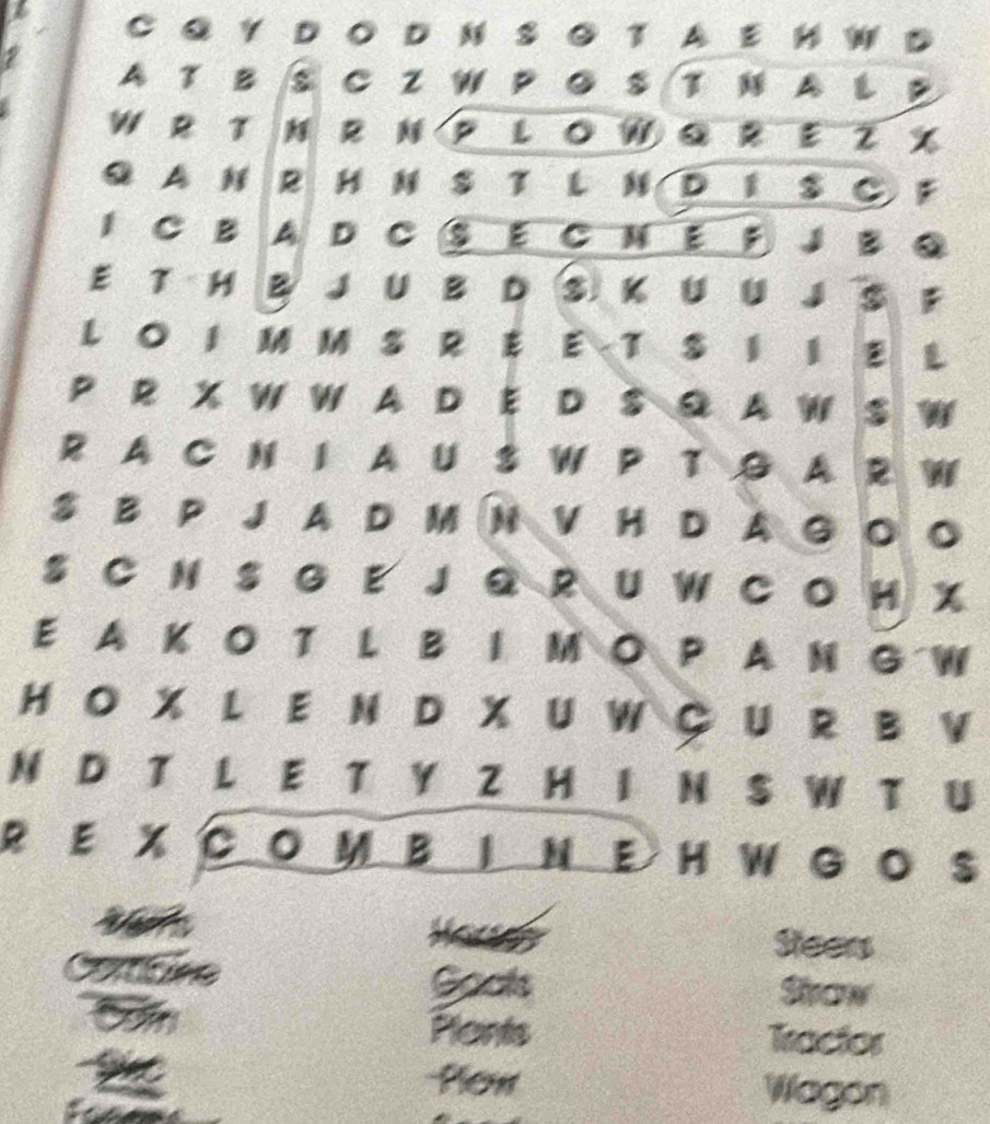 ③ T A E H W D 
A T B S C Z W P G S T N A L P 
W R T N R N P L O W Q R E Z X 
Q A N R H N S T L ND I S C F 
1 C B A D C S E C N E F J B Q 
E T H B J U B D S K U U J S F 
L OI M M S R E ET S I I E 
P R X W W A D E D S Q A W S W 
R A C N I A U S W P TG A R W 
S B P J A D M N V H D A G O O 
S C N S G E J Q R U W C O H X 
E A K O T L B I M O P A N G W 
HO X L E ND X U W C U R B V 
N D T L E T Y Z H I N S W T U 
RE X C O MB I N E H W G O S 
* Steess 
cxtive Goots Strow 
Plants Tractor 
Plon Wagon