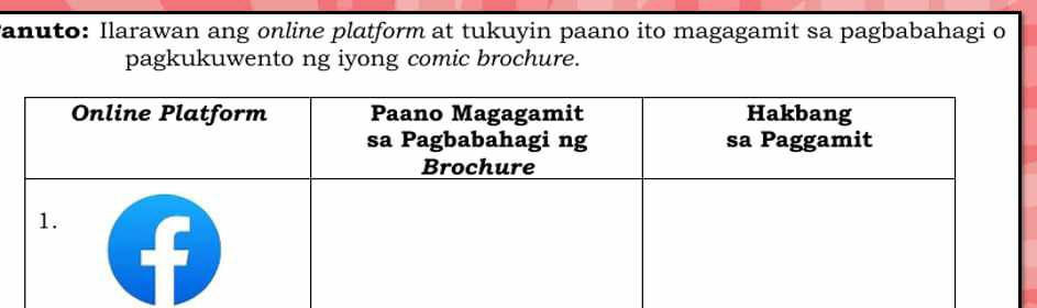 Panuto: Ilarawan ang online platform at tukuyin paano ito magagamit sa pagbabahagi o 
pagkukuwento ng iyong comic brochure.