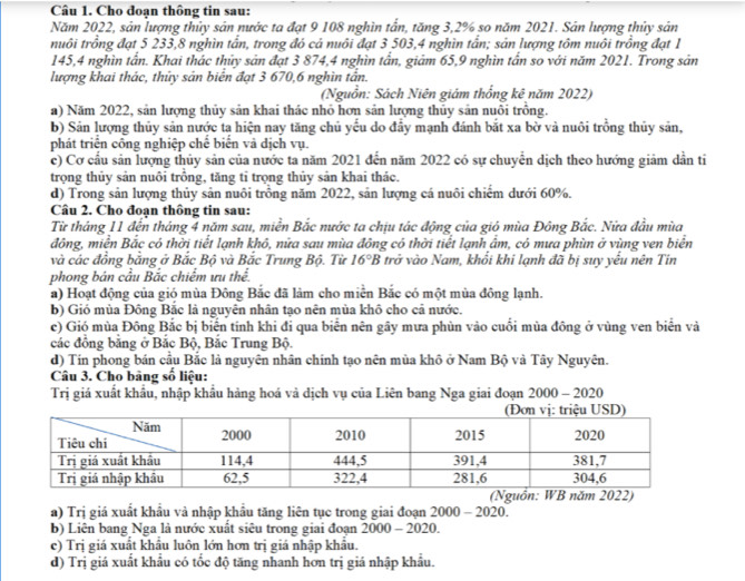 Cho đoạn thông tin sau:
Năm 2022, sản lượng thủy sân nước ta đạt 9 108 nghìn tần, tăng 3,2% so năm 2021. Sân lượng thủy sân
truôi trồng đạt 5 233,8 nghìn tần, trong đó cả nuôi đạt 3 503,4 nghìn tần; sản lượng tôm nuôi trồng đạt 1
145,4 nghìn tần. Khai thác thủy sản đạt 3 874,4 nghìn tần, giảm 65,9 nghìn tần so với năm 2021. Trong sản
lượng khai thác, thủy sản biến đạt 3 670,6 nghìn tần.
(Nguồn: Sách Niên giám thống kê năm 2022)
a) Năm 2022, sản lượng thủy sản khai thác nhỏ hơn sản lượng thủy sản nuôi trồng.
b) Sản lượng thủy sản nước tạ hiện nay tăng chủ yếu do đầy mạnh đánh bắt xa bờ và nuôi trồng thủy sản,
phát triển công nghiệp chế biển và dịch vụ.
c) Cơ cầu sản lượng thủy sản của nước ta năm 2021 đến năm 2022 có sự chuyển dịch theo hướng giảm dẫn ti
trọng thủy sản nuôi trồng, tăng tỉ trọng thủy sản khai thác.
d) Trong sản lượng thủy sản nuôi trồng năm 2022, sản lượng cá nuôi chiếm dưới 60%.
Câu 2. Cho đoạn thông tin sau:
Từ tháng 11 đến tháng 4 năm sau, miền Bắc nước ta chịu tác động của gió mùa Đông Bắc. Nửa đầu mùa
đông, miền Bắc có thời tiết lạnh khô, nửa sau mùa đông có thời tiết lạnh ẩm, có mưa phùn ở vùng ven biển
và các đồng bằng ở Bắc Bộ và Bắc Trung Bộ. Từ 16°B trở vào Nam, khổi khi lạnh đã bị suy yếu nên Tin
phong bán cầu Bắc chiếm ưu thể.
a) Hoạt động của gió mùa Đông Bắc đã làm cho miền Bắc có một mùa đông lạnh.
b) Gió mùa Đông Bắc là nguyên nhân tạo nên mùa khô cho cả nước.
c) Gió mùa Đông Bắc bị biến tính khi đi qua biển nên gây mưa phùn vào cuối mùa đông ở vùng ven biển và
các đồng bằng ở Bắc Bộ, Bắc Trung Bộ.
d) Tín phong bán cầu Bắc là nguyên nhân chính tạo nên mùa khô ở Nam Bộ và Tây Nguyên.
Câu 3. Cho bàng số liệu:
Trị giá xuất khẩu, nhập khẩu hàng hoá và dịch vụ của Liên bang Nga giai đoạn 2000-2 020
a) Trị giá xuất khẩu và nhập khẩu tăng liên tục trong giai đoạn 2000 - 2020.
b) Liên bang Nga là nước xuất siêu trong giai đoạn 2000 - 2020.
c) Trị giá xuất khẩu luôn lớn hơn trị giá nhập khẩu.
d) Trị giá xuất khẩu có tốc độ tăng nhanh hơn trị giá nhập khẩu.