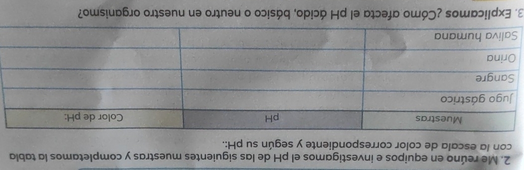 Me reúno en equipos e investigamos el pH de las siguientes muestras y completamos la tabla 
con la escala de color correspondiente y según su pH:. 
3. Explicamos ¿Cómo afecta el pH ácido, básico o neutro en nuestro organismo?