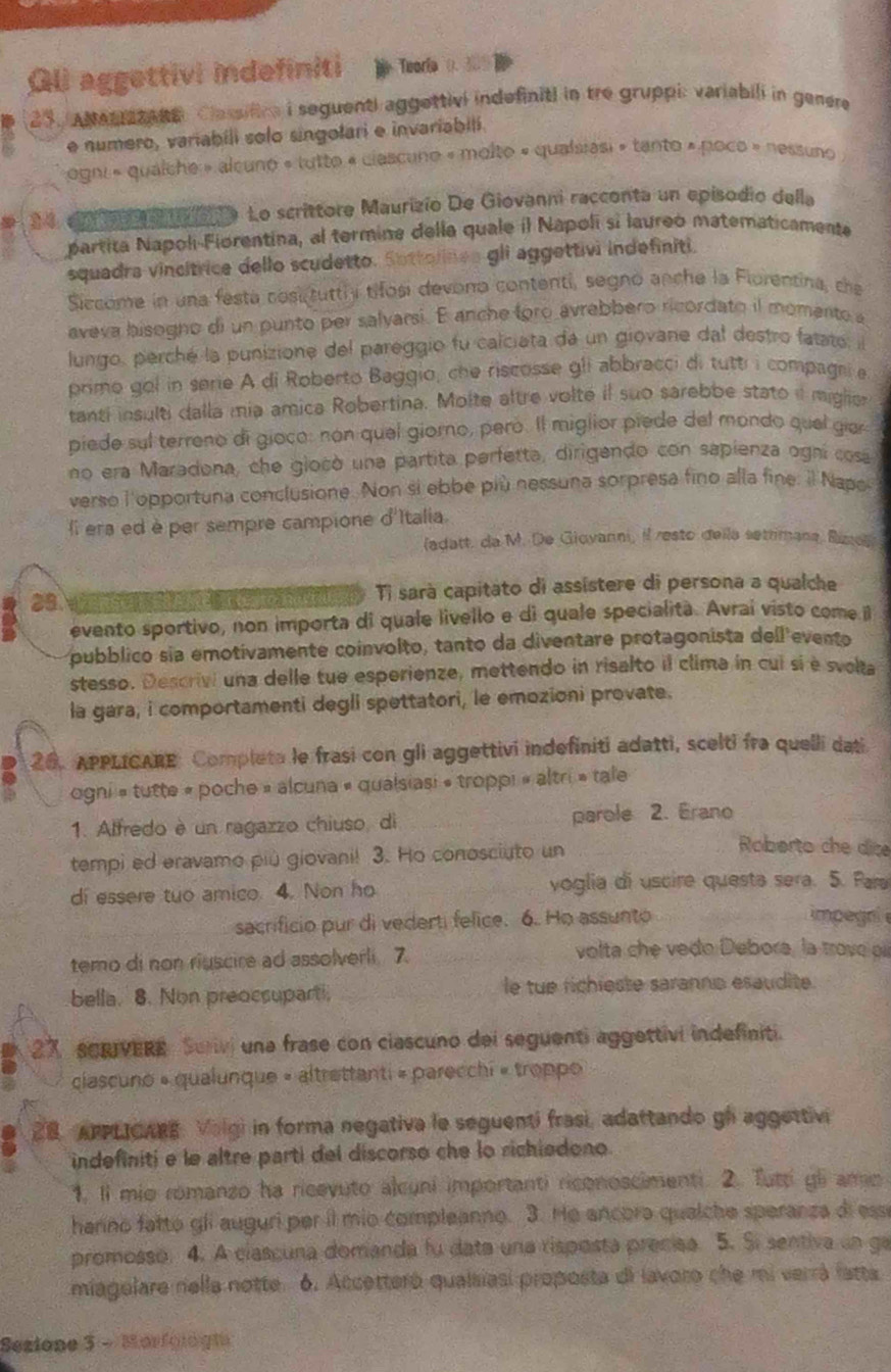 Gli aggettivi indefiniti Teoria
25. ANamazate Classilice i seguenti aggettivi indefiniti in tre gruppi: variabili in genere
e numero, variabili solo singotari e invariabili.
ogni « qualche » alcuno « tutto « ciascuno « molto « qualsiasi » tanto » poco » nessuno
2 4 e o   a one Lo scrittore Maurizío De Giovanni racconta un episodio della
partita Napoli-Fiorentina, al termine della quale il Napoli si laureo matematicamente
squadra vincítrice dello scudetto. Sottolinea gli aggettivi indefiniti.
Siccome in una festa cosi tuttiy tifosi devono contenti, segno anche la Florentina, che
aveva bisogno di un punto per salvarsi. E anche foro avrebbero ricordato il momento a
lungo, perché la punizione del pareggio fu calciata de un giovane dal destro fatato l
primo gol in serie A di Roberto Baggio, che riscosse gli abbracci di tuttr i compagni e
tanti insulti dalla mia amica Robertina. Molte altre volte if suo sarebbe stato i migion
piede sul terreno di gioco: non quel giorno, peró. Il miglior piede del mondo quel gíar
no era Maradona, che giocó una partita perfetta, dirigendo con sapienza ogni cosa
verso l'opportuna conclusione. Non si ebbe più nessuna sorpresa fino alla fine: il Napo
lI era ed è per sempre campione d'Italia.
(adatt. da M. De Giovanni, il resto della setrimana, Bze
29 Ti sarà capitato di assístere di persona a qualche
evento sportivo, non importa di quale livello e di quale specialità. Avrai visto come il
pubblico sia emotivamente coinvolto, tanto da diventare protagonista dell evento
stesso. Descrivi una delle tue esperienze, mettendo in risalto il clima in cui sí è svolta
la gara, i comportamenti degli spettatori, le emozioni provate.
20. APPLICARE: Completa le frasi con gli aggettivi indefiniti adatti, scelti fra quelli dati
ogni » tutte « poche » alcuna « qualsiasi » troppi « altri » tale
1. Alfredo è un ragazzo chiuso, di parole 2. Erano
tempi ed eravamo piú giovani! 3. Ho conosciuto un
Roberto che dise
di essere tuo amico. 4. Non ho voglia di uscire questa sera. 5. Para
sacrificio pur di vederti felice. 6. Ho assunto impegn 
temo di non riuscire ad assolverli 7.
volta che vedo Debora, la trove oí
bella. 8. Non preocsuparti. le tue richieste saranns esaudite.
27 sERIVERE Serivi una frase con ciascuno dei seguenti aggettivi indefiniti.
ciascuno « qualunque » altrettanti « parecchi « troppo
28. ApPLcAng. Volgi in forma negativa le seguenti frasi, adattando gl aggettivi
indefiniti e le altre parti del discorso che lo richiedono.
1. Il mio romanzo ha ricevuto alcuni importanti riconoscimenti. 2. Tutti gli amo
harino fatto gli auguri per íl mio compleanno. 3. He ancoro qualche speranza di ess
promosso. 4. A clascuna domanda fu data una risposta precisa. 5. Si sentiva un ga
miagelare rella notte. 6. Accetteró quaisiasi proposta di lavoro che mi verrá latta
Sezione 5 - Morfologta