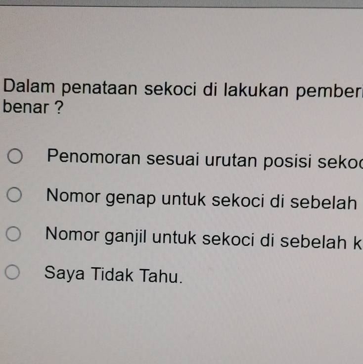 Dalam penataan sekoci di lakukan pember
benar ?
Penomoran sesuai urutan posisi seko
Nomor genap untuk sekoci di sebelah
Nomor ganjil untuk sekoci di sebelah k
Saya Tidak Tahu.