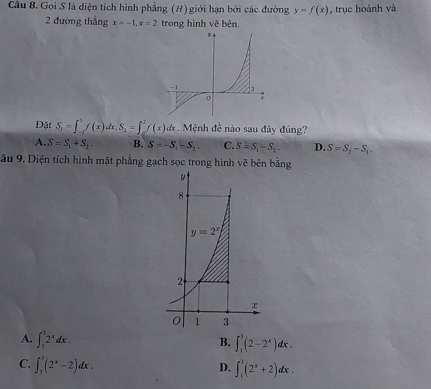 Gọi S là diện tích hình phẳng (H) giới hạn bởi các đường y=f(x) , trục hoành và
2 đường thắng x=-1,x=2 trong hình vẽ bên.
Đặt S_1=∈t _(-1)^0f(x)dx,S_2=∈t _0^(2f(x)dx Mệnh đề nào sau đây đúng?
A. S=S_1)+S_2. B. S=-S_1-S_2. C. S=S_1-S_2. D. S=S_2-S_1.
âu 9. Diện tích hình mặt phẳng gạch sọc trong hình vẽ bên bằng
A. ∈t _1^(32^x)dx. ∈t _1^(3(2-2^x))dx.
B.
C. ∈t _1^(3(2^x)-2)dx.
D. ∈t _1^(3(2^x)+2)dx.