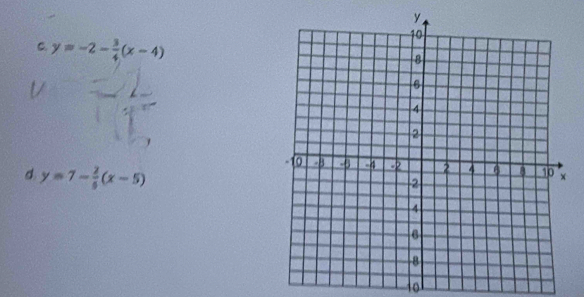 y=-2- 3/4 (x-4)
d y=7- 2/5 (x-5)