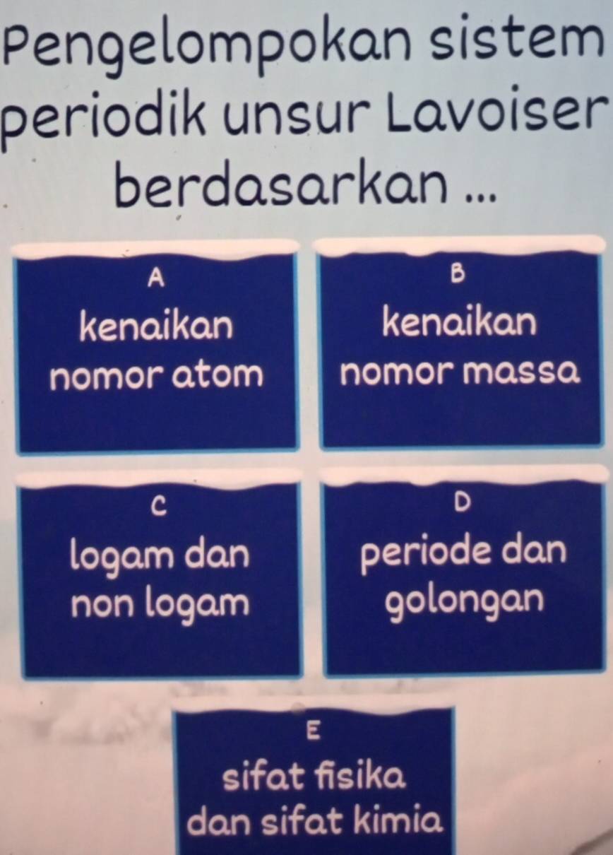 Pengelompokan sistem
periodik unsur Lavoiser
berdasarkan ...
A
B
kenaikan kenaikan
nomor atom nomor massa
C
D
logam dan periode dan
non logam golongan
E
sifat fisika
dan sifat kimia