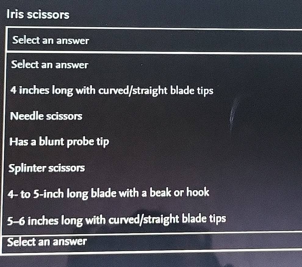 Solved: Iris scissors Select an answer Select an answer 4 inches long ...