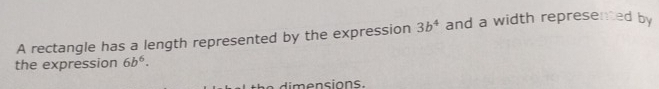 A rectangle has a length represented by the expression 3b^4 and a width represented by 
the expression 6b^6.