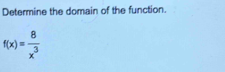 Determine the domain of the function.
f(x)= 8/x^3 