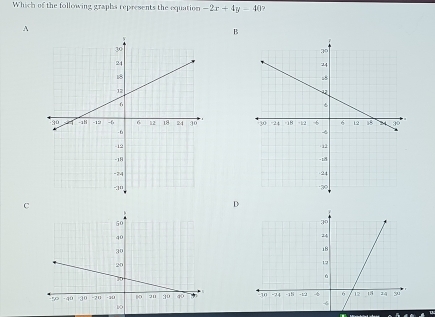 Which of the following graphs represents the equation -2x+4y-40 ? 
A 
B 





C 
D