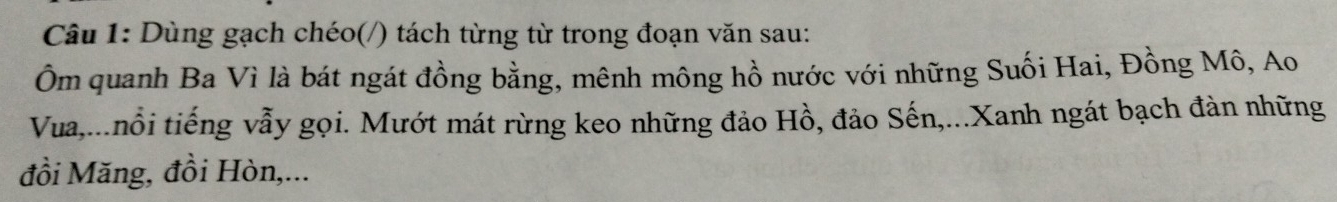 Dùng gạch chéo(/) tách từng từ trong đoạn văn sau: 
Ôm quanh Ba Vì là bát ngát đồng bằng, mênh mông hồ nước với những Suối Hai, Đồng Mô, Ao 
Vua,...nổi tiếng vẫy gọi. Mướt mát rừng keo những đảo Hồ, đảo Sến,...Xanh ngát bạch đàn những 
đồi Măng, đồi Hòn,...