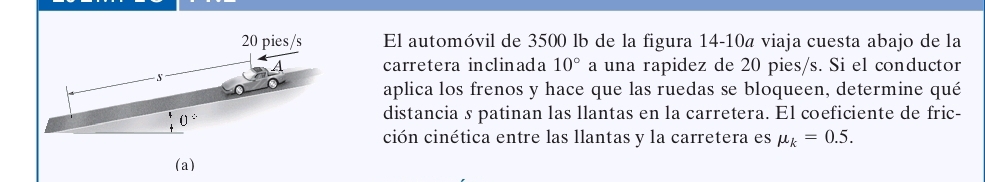 El automóvil de 3500 lb de la figura 14-10ª viaja cuesta abajo de la
carretera inclinada 10° a una rapidez de 20 pies/s. Si el conductor
aplica los frenos y hace que las ruedas se bloqueen, determine qué
distancia s patinan las llantas en la carretera. El coeficiente de fric-
ción cinética entre las llantas y la carretera es mu _k=0.5.
(a)