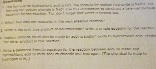 Solved: Questions ⊥. The formula for hydrochloric acid is HCI. The ...