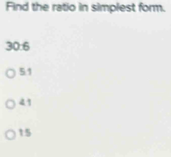 Find the ratio in simplest form.
30.6
51
41
15