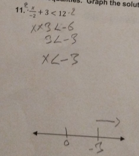 unties. Graph the solut 
11.  x/-2 +3<12</tex>