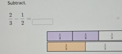 Subtract.
 2/3 - 1/2 =frac □ 