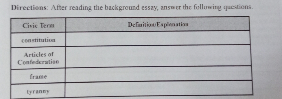 Directions: After reading the background essay, answer the following questions.