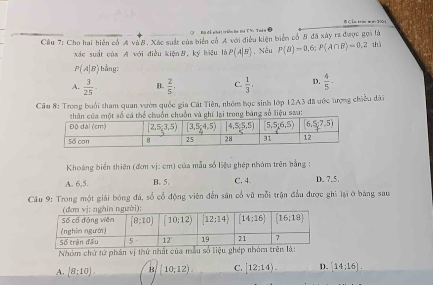 Cầu trúc mời 2025
Bộ đề phát triển ôn thị TN- Toán C
Câu 7: Cho hai biến cố A và B. Xác suất của biển cố A với điều kiện biển cố B đã xảy ra được gọi là thì
xác suất của A với điều kiệnB, ký hiệu là P(A|B). Nếu P(B)=0,6;P(A∩ B)=0,2
P(A|B) bằng:
A.  3/25 .  2/5 .  1/3 .
B.
C.
D.  4/5 .
Câu 8: Trong buổi tham quan vườn quốc gia Cát Tiên, nhóm học sinh lớp 12A3 đã ước lượng chiều dài
rong bảng số liệu sau:
Khoảng biến thiên (đơn vị: cm) của mẫu số liệu ghép nhóm trên bằng :
A. 6,5. B. 5. C. 4. D. 7,5.
Câu 9: Trong một giải bóng đá, số cổ động viên đến sân cổ vũ mỗi trận đấu được ghi lại ở bảng sau
Nhóm chứ tứ phân vị thứ nhất của mẫu số liệu gh
A. (8;10). [10;12). C. [12;14). D. (14;16).
B