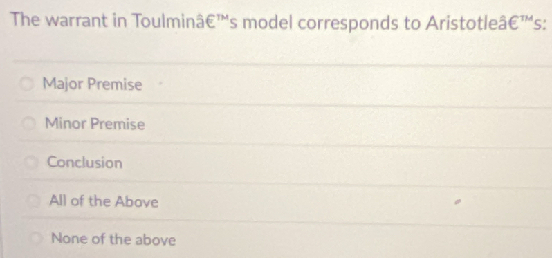 The warrant in Toulminâ£™s model corresponds to Aristotleâ€™s:
Major Premise
Minor Premise
Conclusion
All of the Above
None of the above