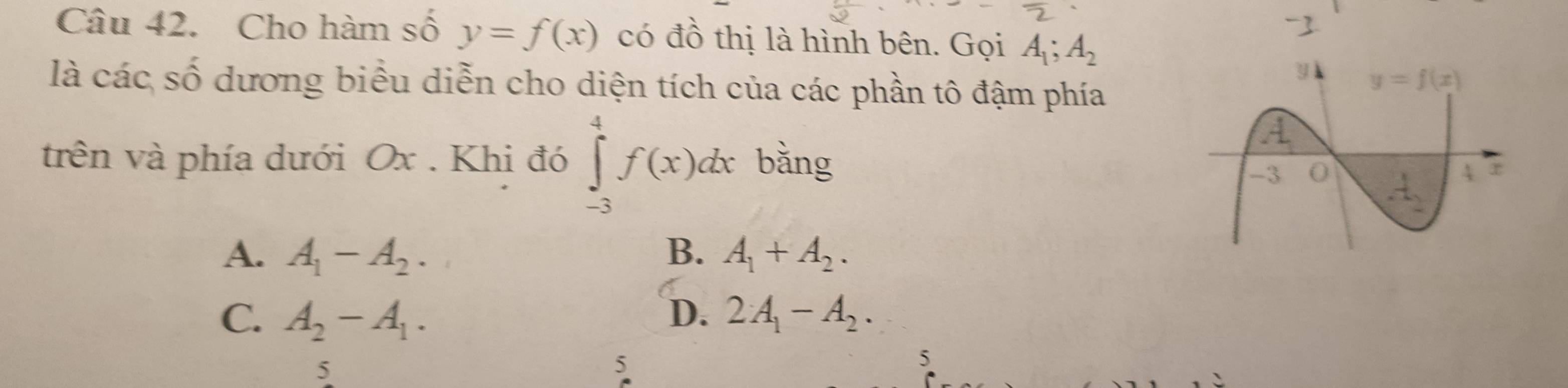 Cho hàm số y=f(x) có đồ thị là hình bên. Gọi A_1;A_2
là các số dương biểu diễn cho diện tích của các phần tô đậm phía
trên và phía dưới Ox . Khi đó ∈tlimits _(-3)^4f(x)dx bằng
A. A_1-A_2. B. A_1+A_2.
C. A_2-A_1. 2A_1-A_2.
D.
5
5
5