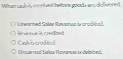 When cash is received before goods are delivered,
Unearned Sales Revenue is credited.
Revenue is credited.
Cash is credited.
Unearned Sales Revenue is debited.