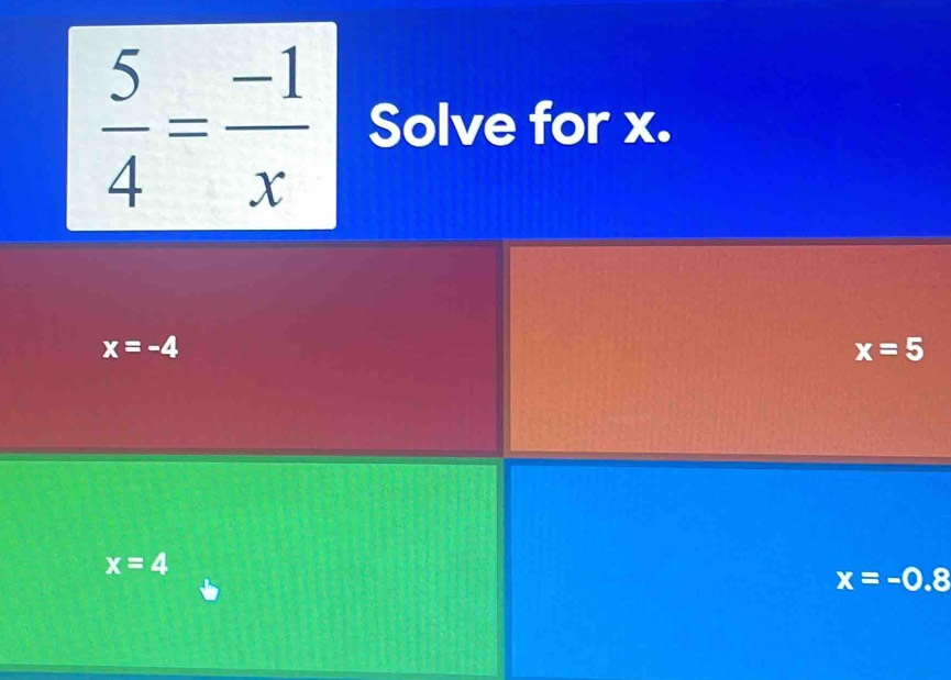  5/4 = (-1)/x  Solve for x.