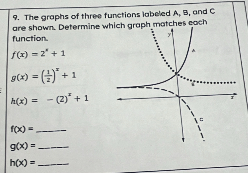 The graphs of three functions labeled A, B, and C
are shown. Determine which graph matches each 
function.
f(x)=2^x+1
g(x)=( 1/2 )^x+1
h(x)=-(2)^x+1
_ f(x)=
g(x)= _
h(x)= _