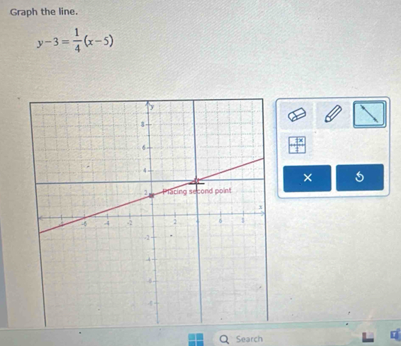 Graph the line.
y-3= 1/4 (x-5)
× 
Q Search