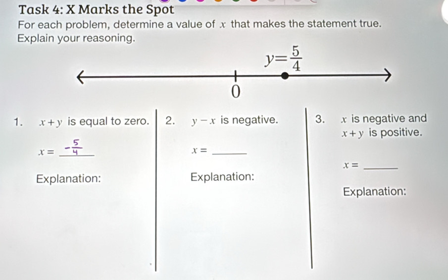 Task 4: X Marks the Spot
For each problem, determine a value of x that makes the statement true.
Explain your reasoning.
1. x+y is equal to zero. 2. y-x is negative. 3. x is negative and
x+y is positive.
x= _
x= _
x= _
Explanation: Explanation:
Explanation: