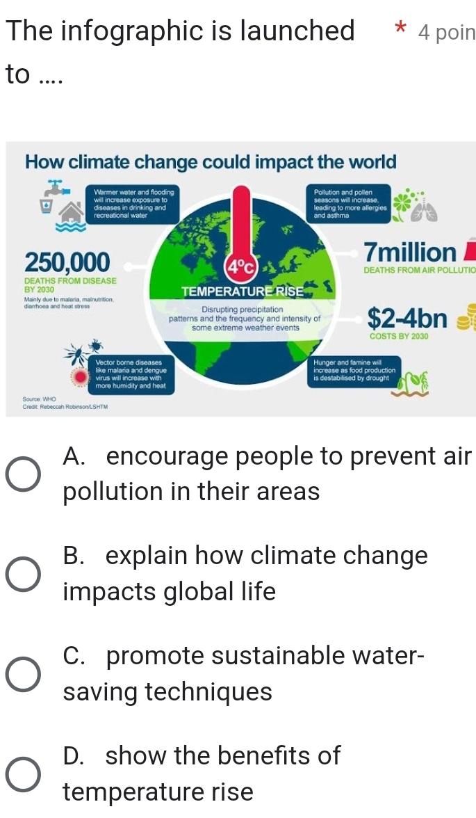 The infographic is launched * 4 poin
to ....
How climate change could impact the world

DEATHS FROM AIR POLLUTIO
A. encourage people to prevent air
pollution in their areas
B. explain how climate change
impacts global life
C. promote sustainable water-
saving techniques
D. show the benefits of
temperature rise