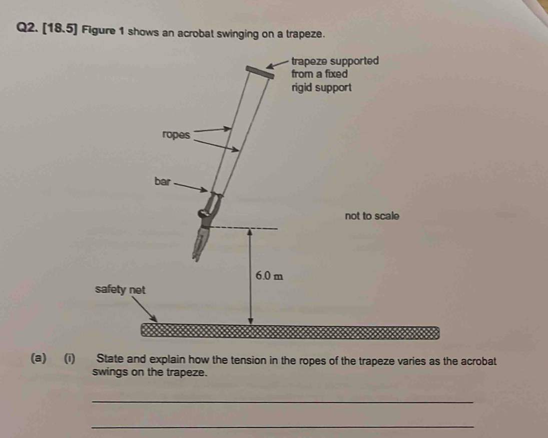 [18.5] Figure 1 shows an acrobal swinging on a trapeze. 
d 
scale 
safety net 
(a) (i) State and explain how the tension in the ropes of the trapeze varies as the acrobat 
swings on the trapeze. 
_ 
_